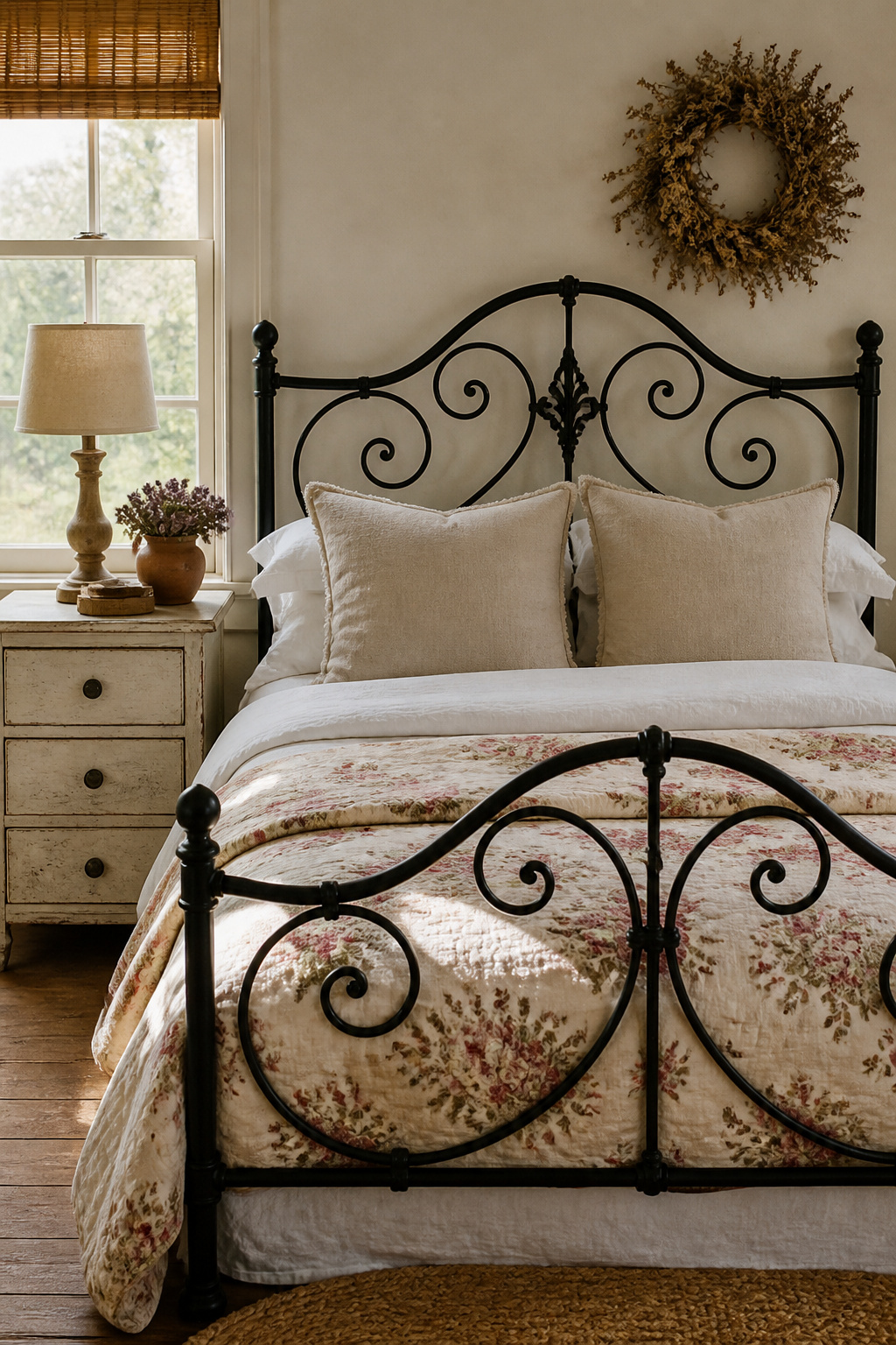 A heavy wrought iron bed frame provides the visual anchor that rustic bedroom decoration depends on, balancing soft natural textiles with substantial dark metal.