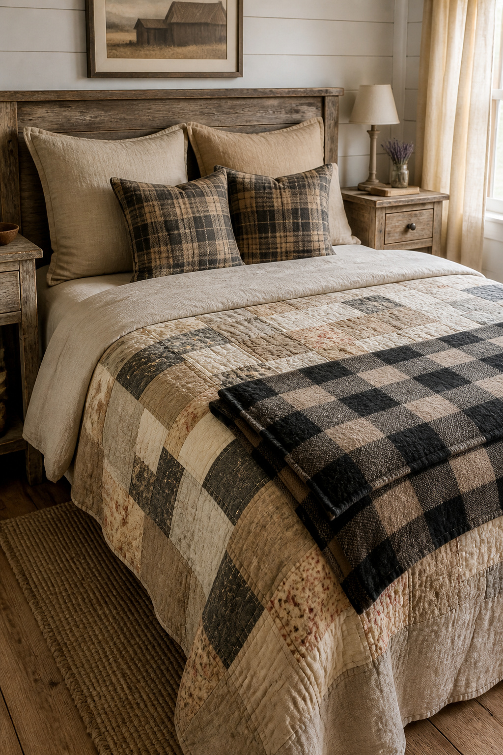 Layered vintage quilts and natural linen bedding create the cozy, collected depth that defines rustic bedroom style — no tools required.