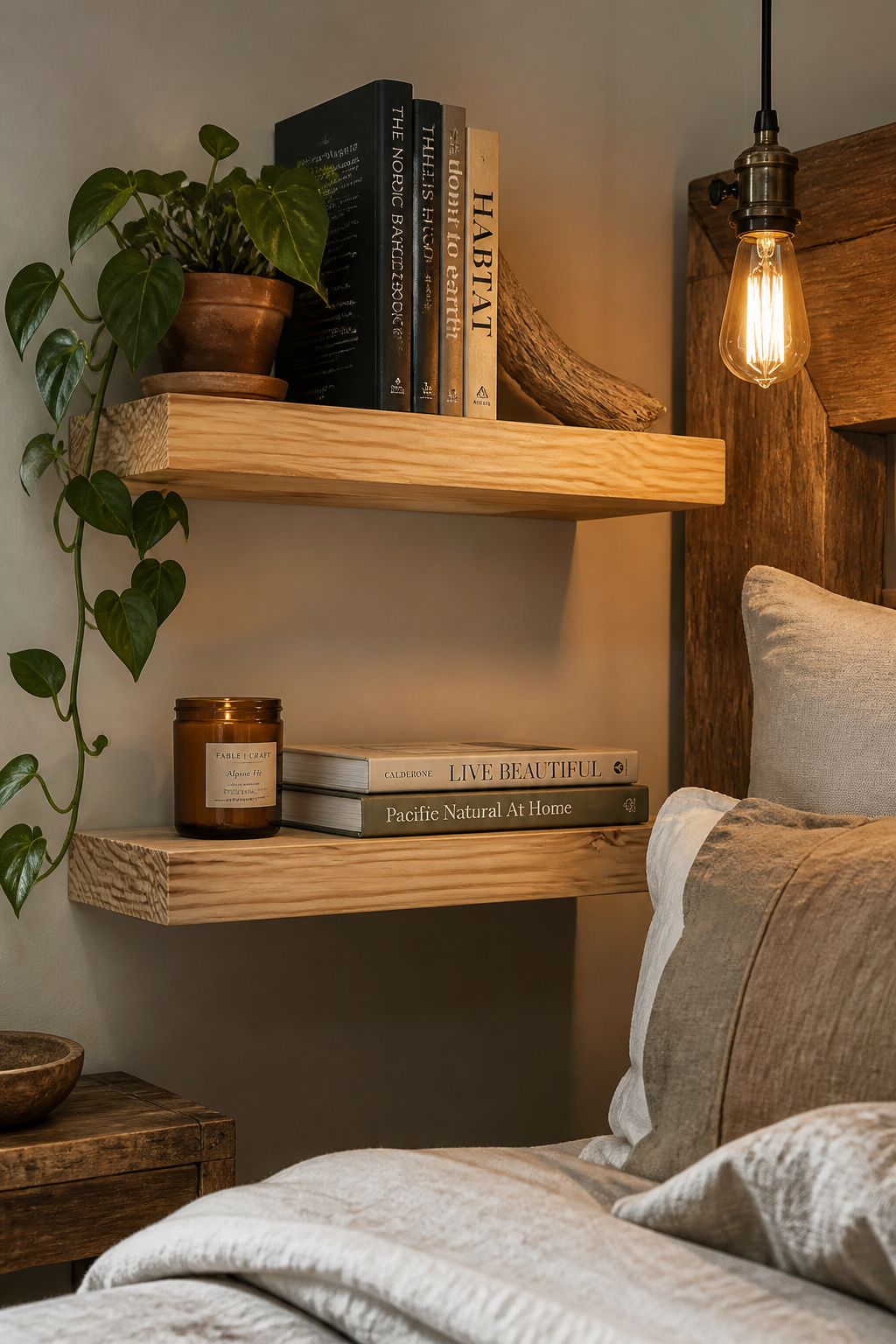 Open pine floating shelves styled with books, a trailing plant, and organic objects add rustic character and storage to a bedroom without heavy cabinetry.