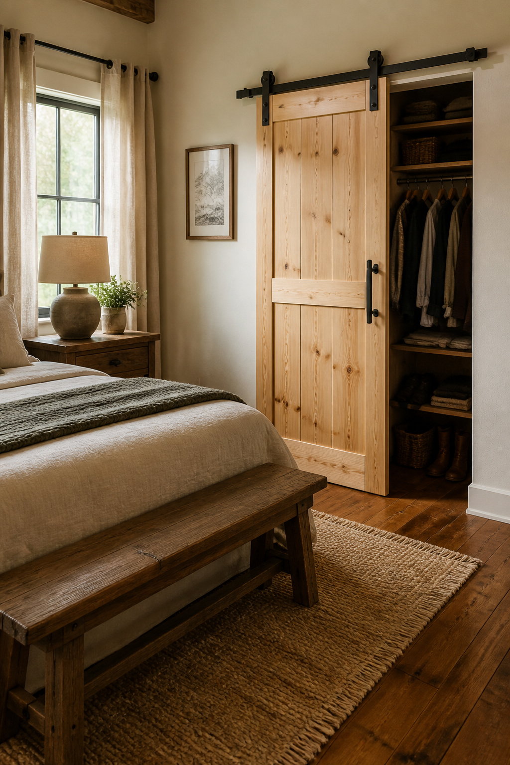 A sliding barn door replaces a standard closet door and immediately signals the rustic farmhouse identity of the room — while saving valuable floor space.