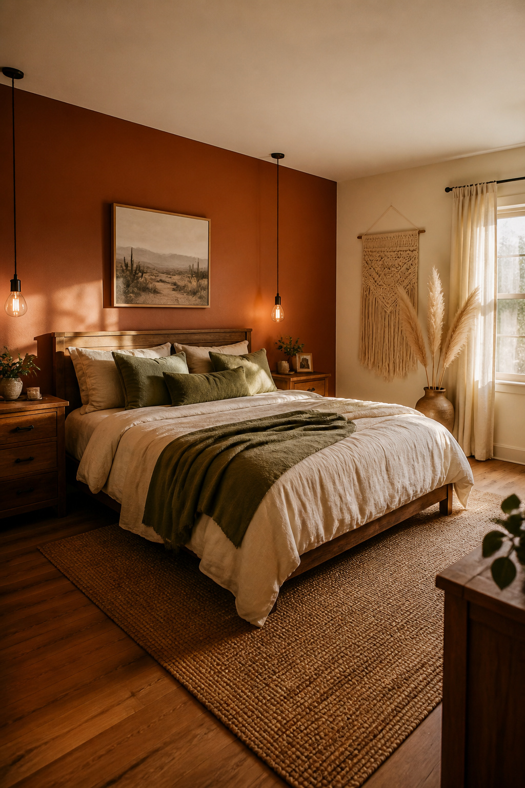 A terracotta accent wall behind the bed with warm cream surroundings creates the earthy, saturated colour palette that 2026 rustic bedroom decor favours.