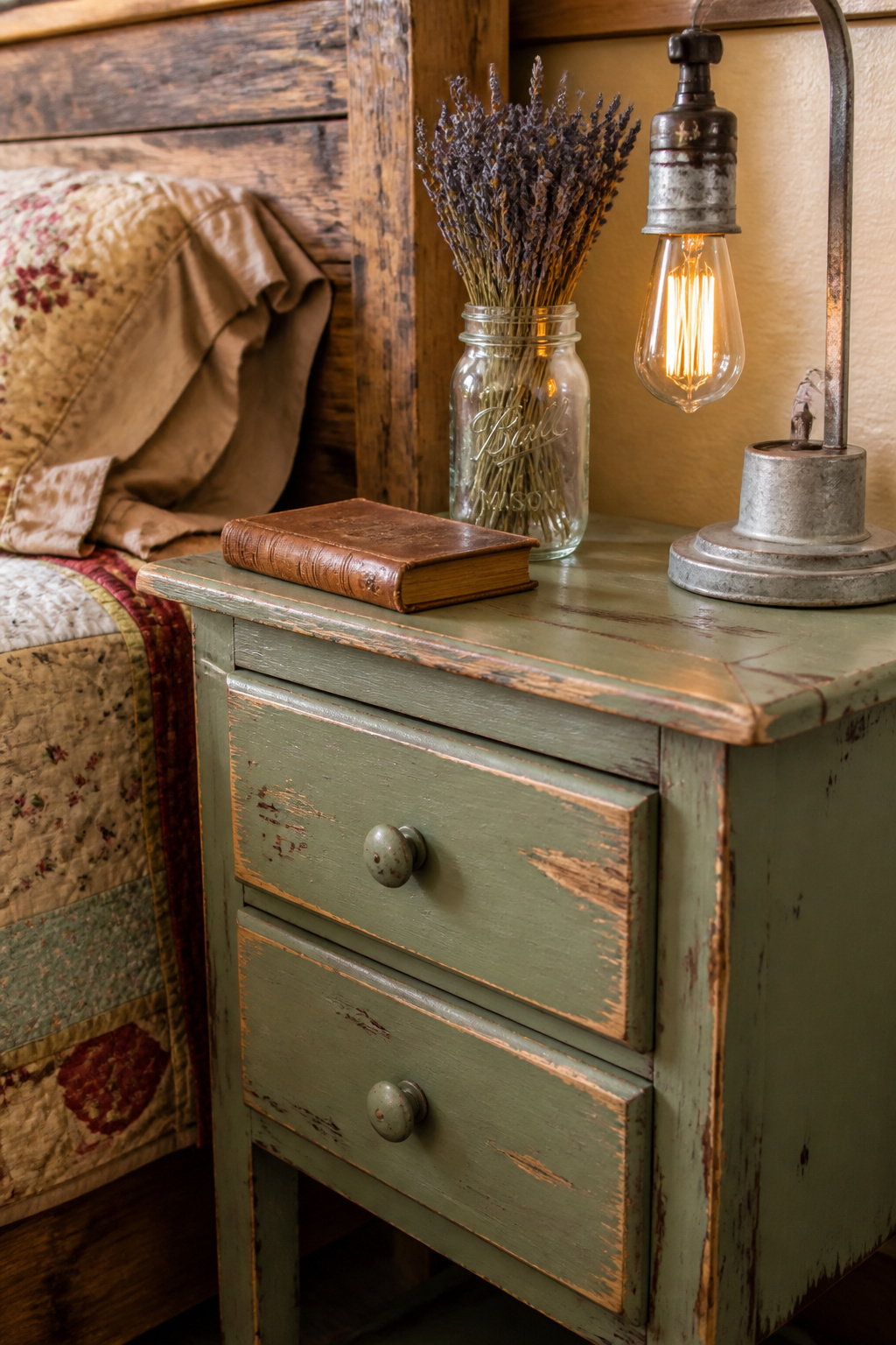 A thrift store nightstand transformed with sage chalk paint and dry-sanding distressing becomes one of the most characterful rustic bedroom decoration pieces in the room.
