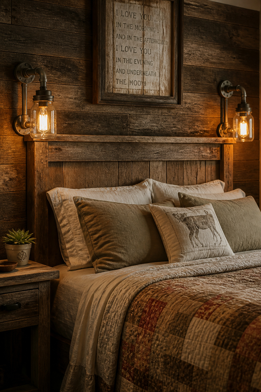 Mason jar sconces with galvanized metal pipe fittings provide rustic bedroom lighting that's both functional and characterful — achievable as a $25 DIY project.