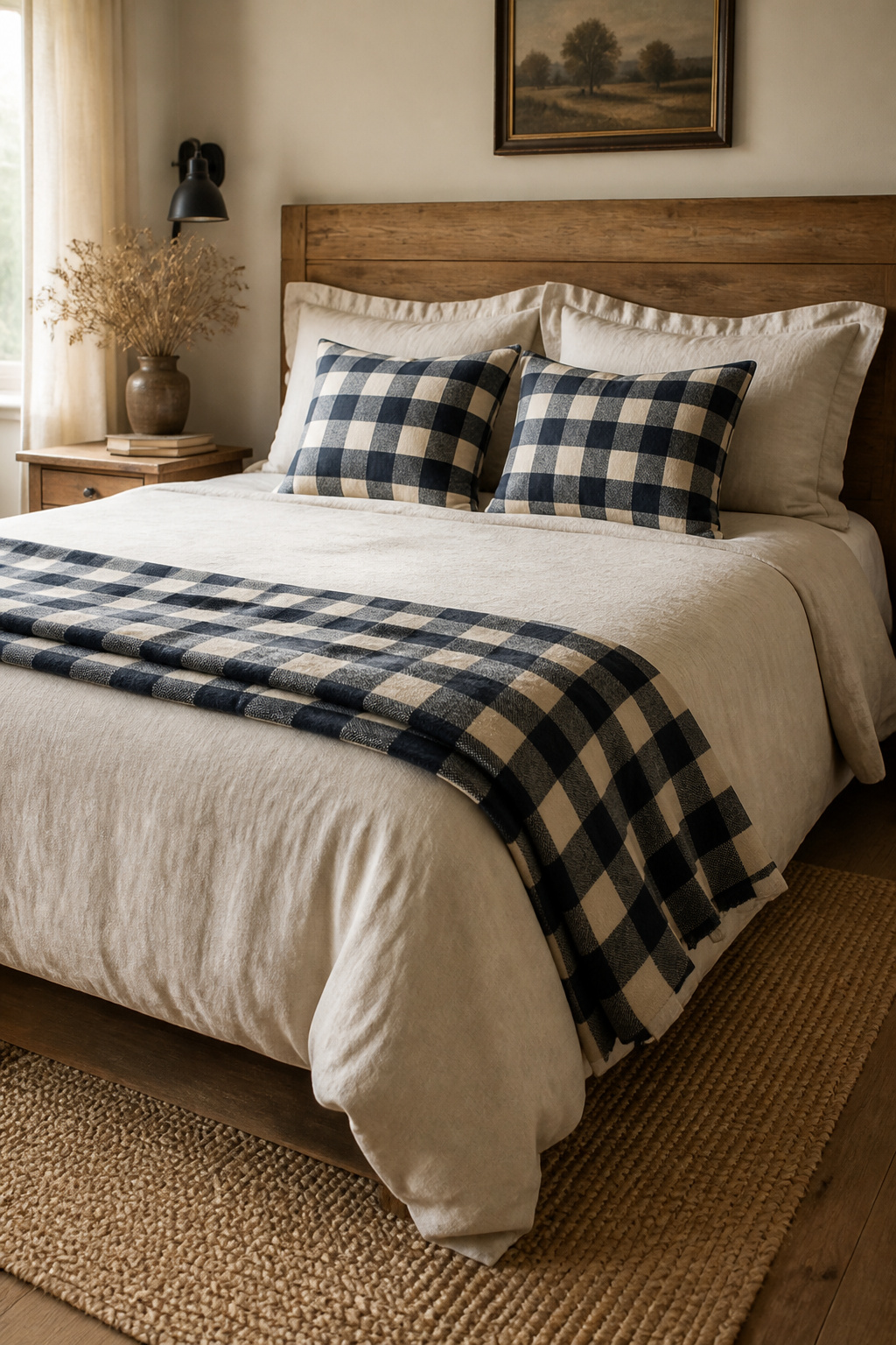 A navy buffalo check throw and accent cushions over neutral linen bedding express rustic bedroom style through pattern without overwhelming the room.