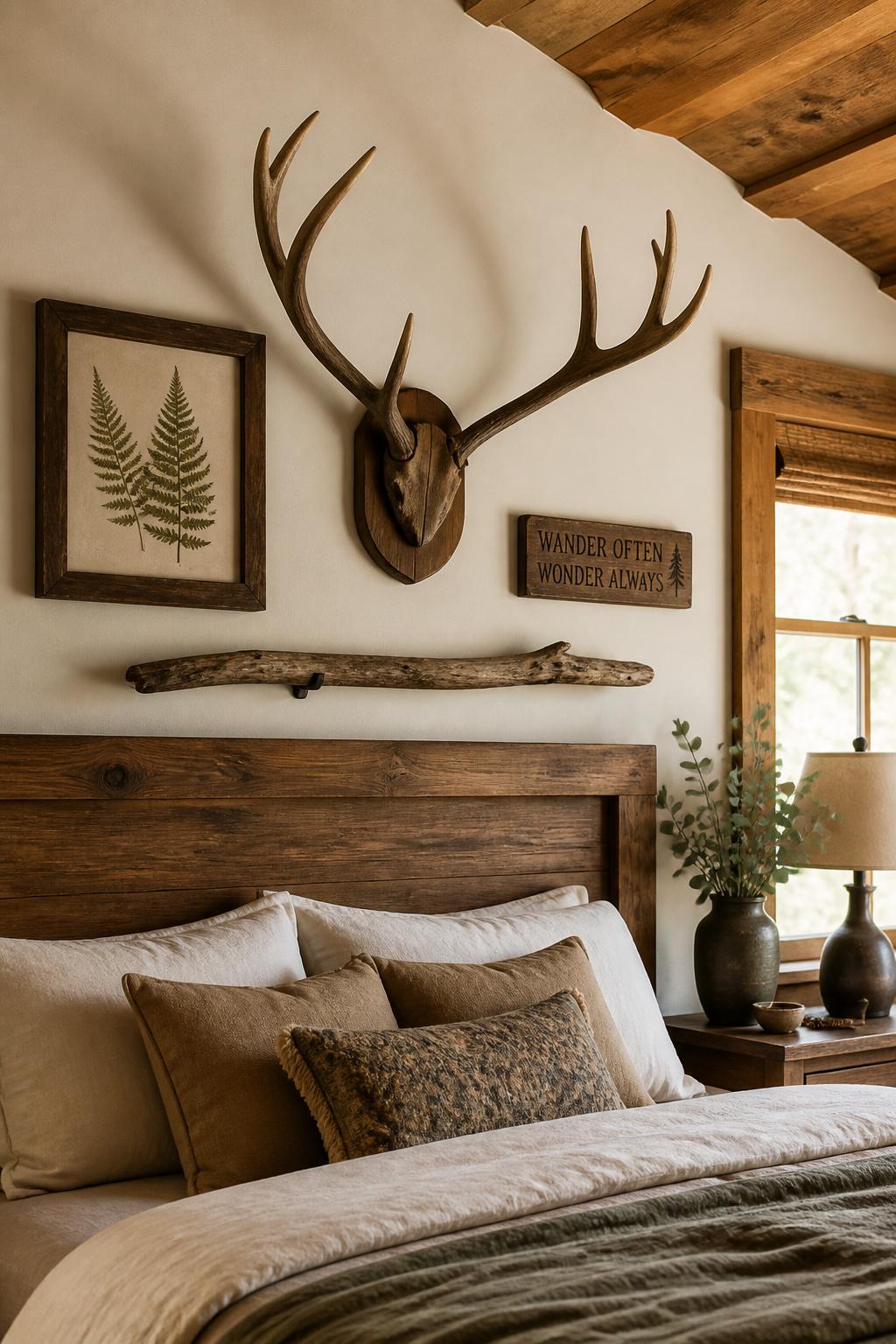 A gallery wall combining faux antlers, pressed botanicals, and driftwood creates the organic, collected quality that characterises rustic bedroom decoration at its best.