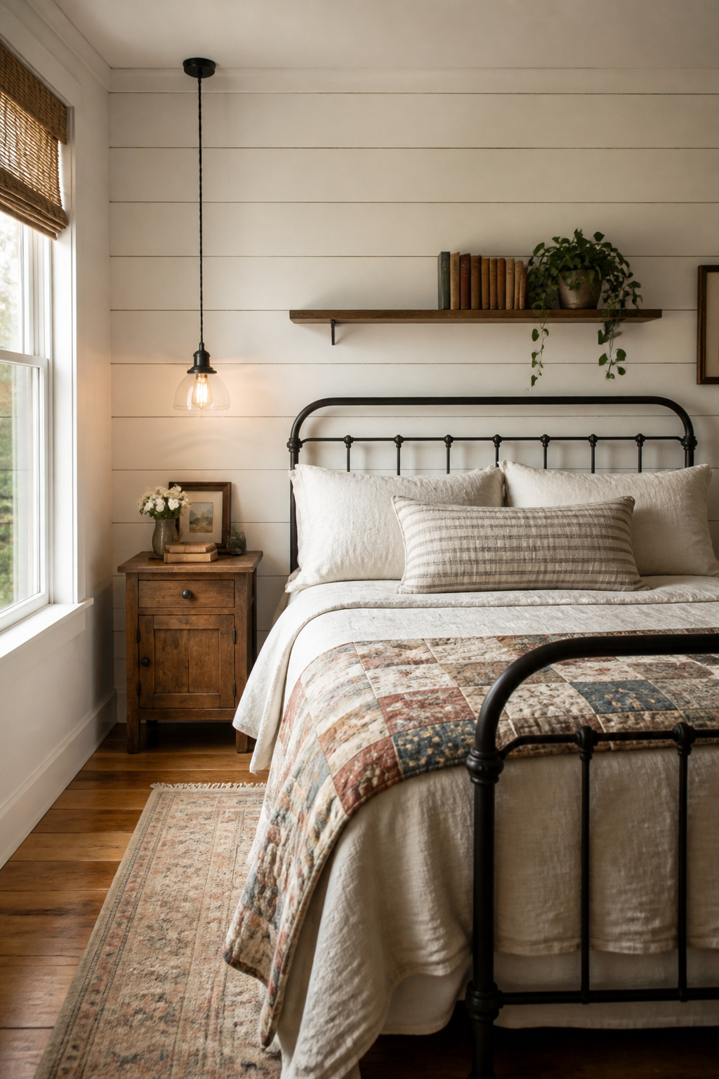 White-painted shiplap behind the bed adds architectural texture and farmhouse character to a rustic bedroom without structural renovation.
