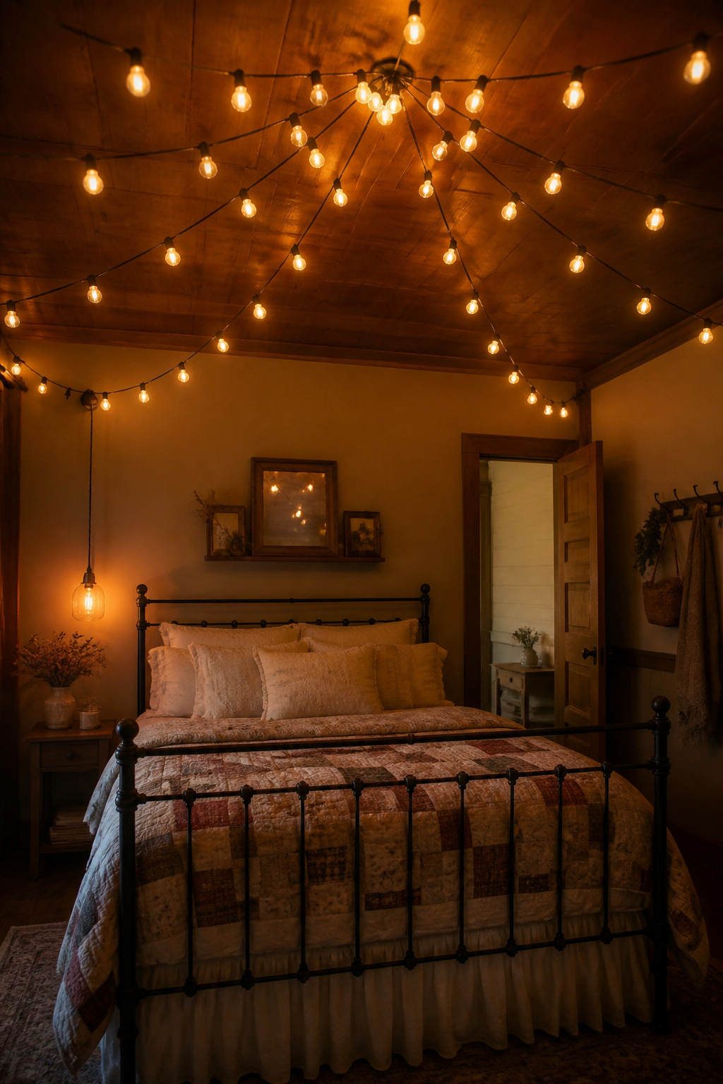 An Edison bulb string light canopy above the bed creates intimate rustic bedroom atmosphere — a 90-minute project that transforms the room's entire feeling.