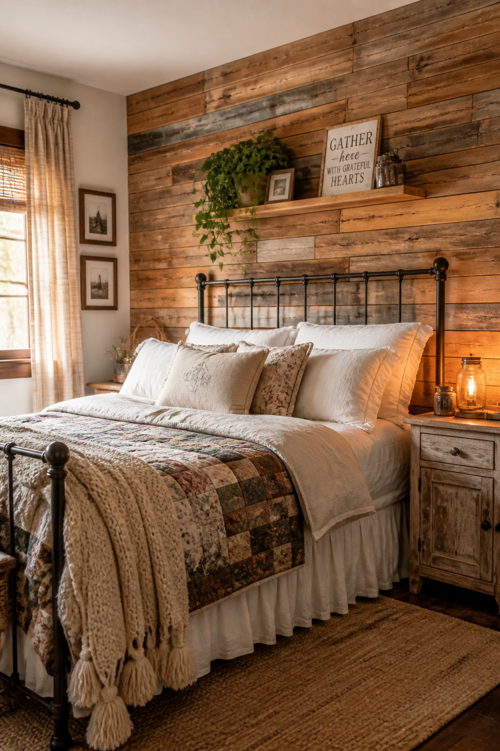 A reclaimed pallet wood accent wall anchors this rustic bedroom, paired with layered linen bedding and warm amber lighting for a cozy, farmhouse-inspired retreat.