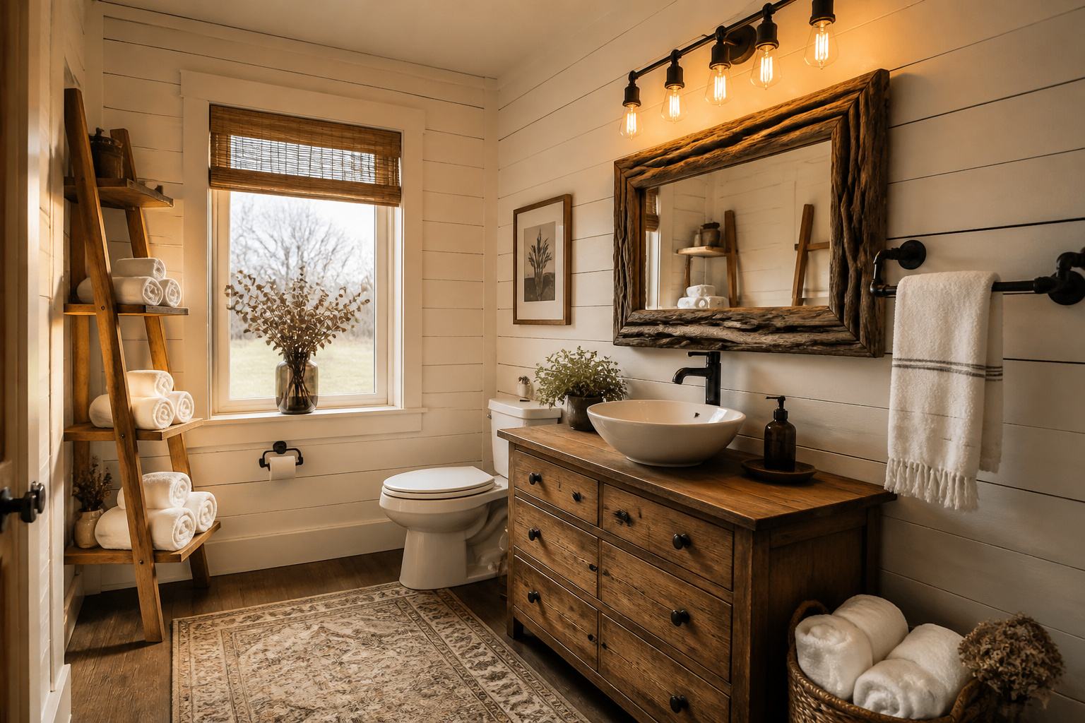 A complete rustic bathroom makeover combining shiplap, a dresser vanity, iron pipe hardware, and Edison lighting — proof that the warmth you're looking for is a weekend project away.