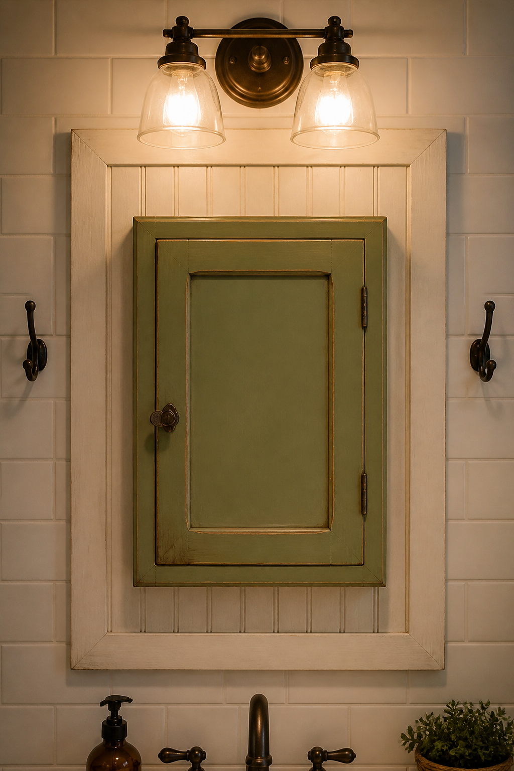 A thrifted medicine cabinet with a DIY beadboard surround creates a custom built-in look for under $100.