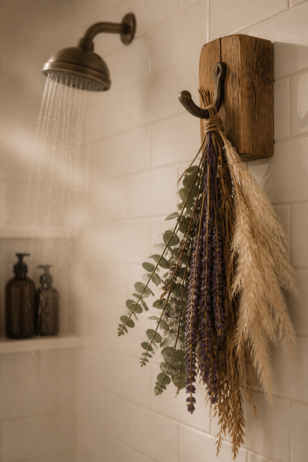 Dried eucalyptus hung near the shower head activates with steam to release a natural spa scent — a zero-effort rustic bathroom makeover upgrade.