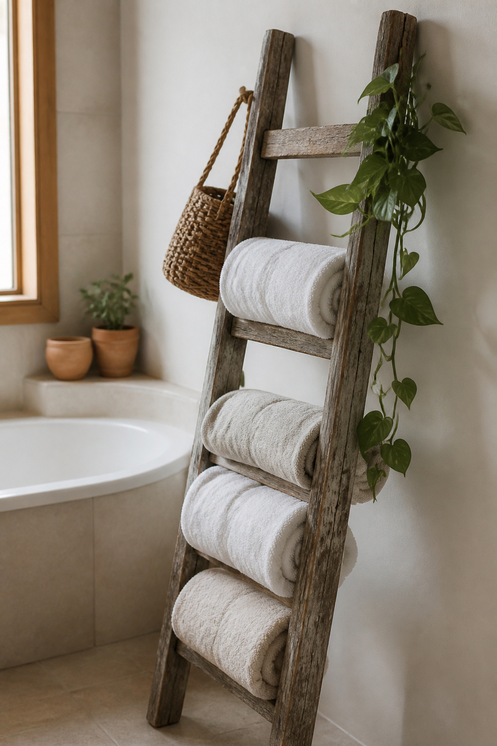 A thrifted wooden ladder costs under $25 and creates vertical towel storage with genuine rustic character.