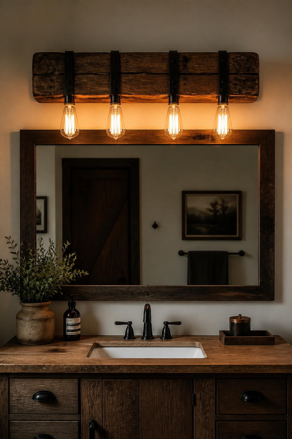 A reclaimed wood Edison bulb vanity bar transforms the mood of any rustic bathroom makeover — warm light makes every other element look better.