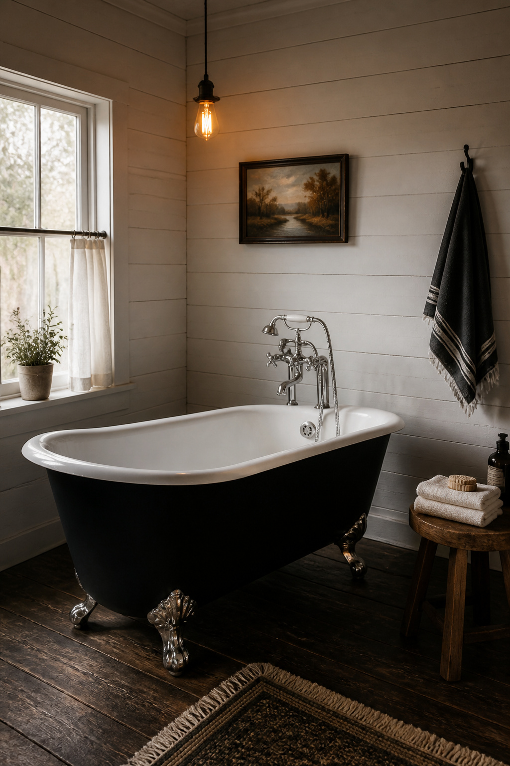A refinished clawfoot tub with a painted exterior is the ultimate statement piece in any rustic bathroom makeover.