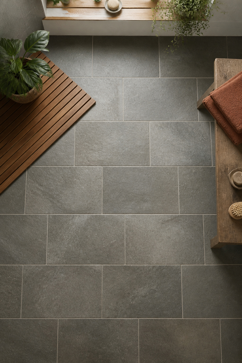 Stone-look peel-and-stick tiles at $1–$3 per sq ft transform a dated bathroom floor in a single afternoon.