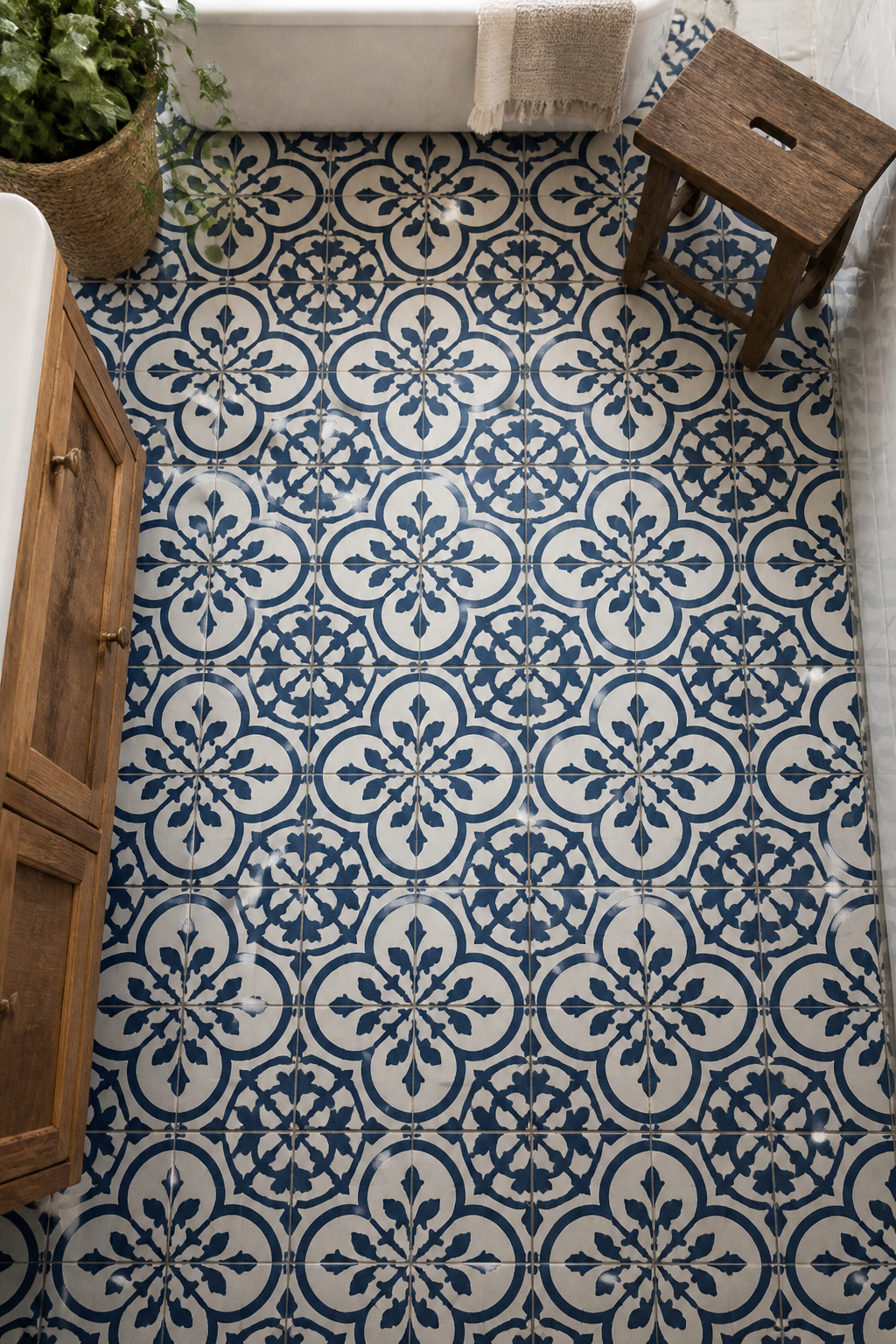 A hand-stenciled tile floor is the most dramatic budget bathroom makeover move — under $50 in materials, lasting 5–7 years with proper sealing.