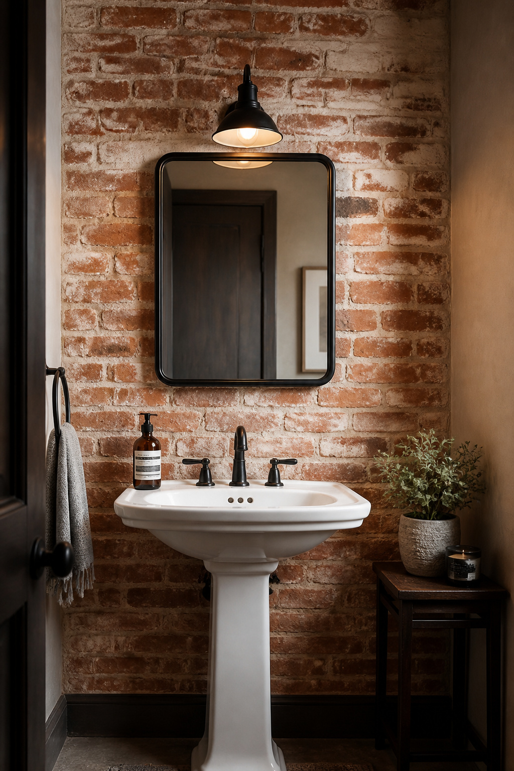 A faux brick effect using a stamp roller and polycrylic sealer costs under $60 and adds genuine warmth to any accent wall in a rustic bathroom makeover.