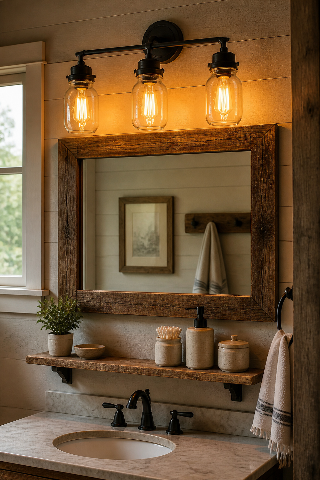 DIY mason jar sconce conversions cost under $20 and deliver the warm filament glow that defines rustic bathroom lighting.