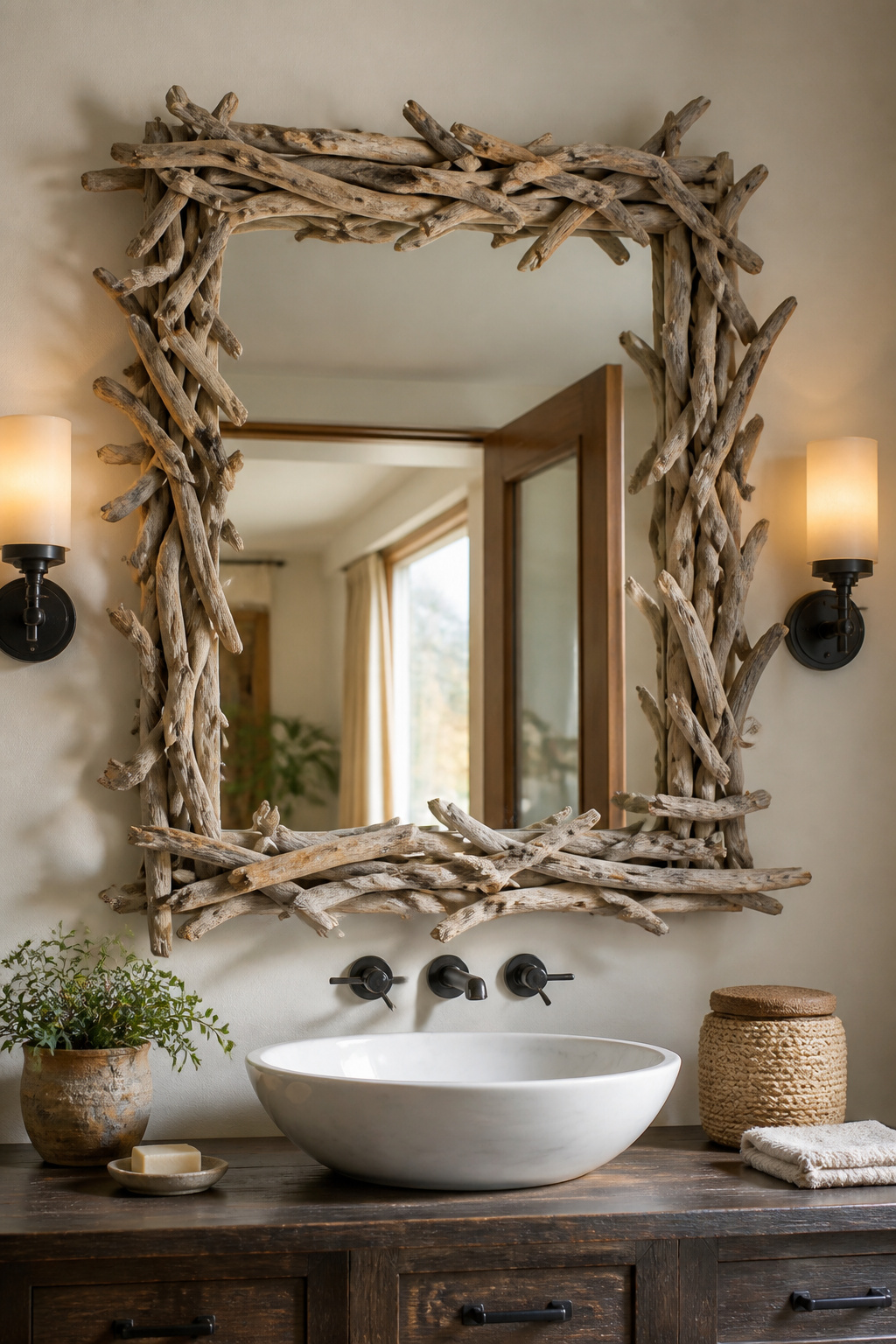 A DIY driftwood mirror frame built from foraged or free materials is among the highest-impact upgrades in a rustic bathroom makeover per dollar spent.