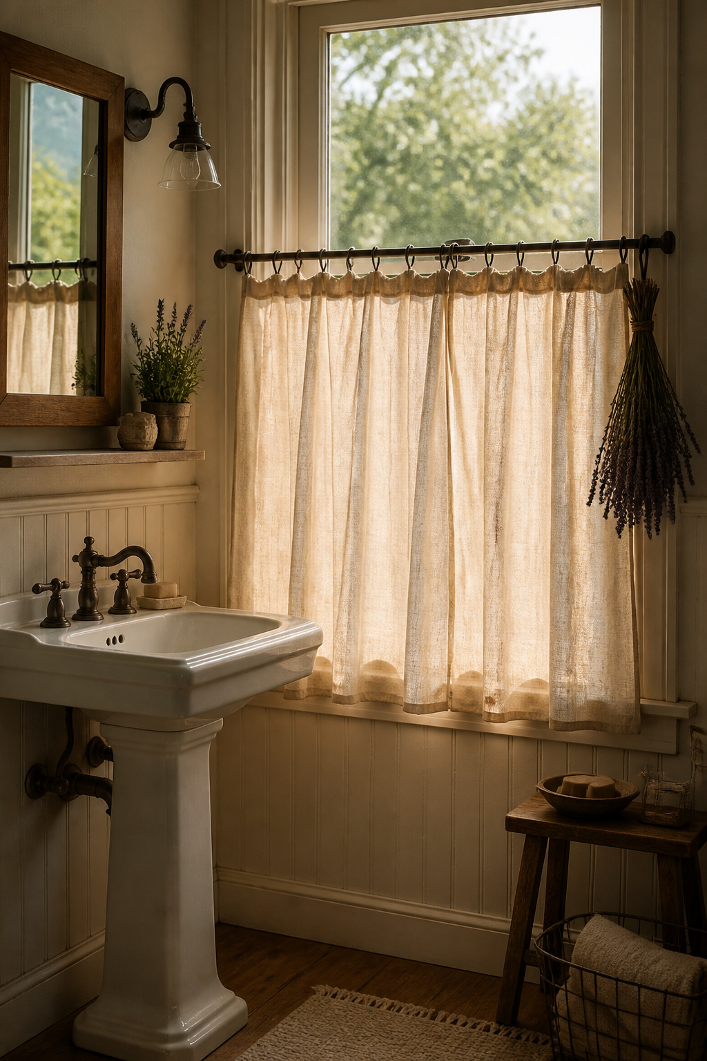 A no-sew linen café curtain filters light beautifully while keeping the lower window private — a simple but effective rustic bathroom makeover move.