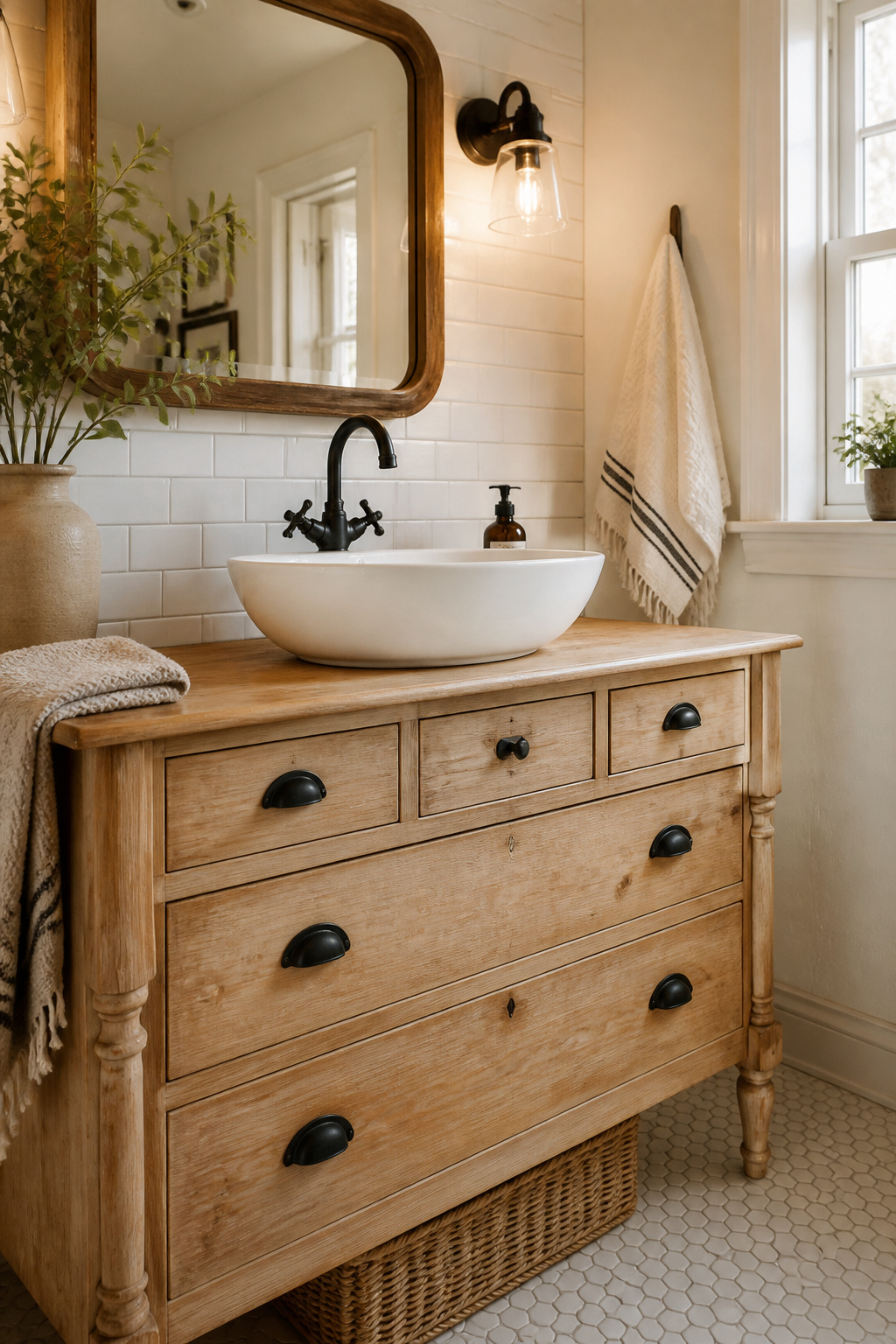 A $40 thrifted dresser becomes a statement rustic bathroom vanity with a vessel sink and the right waterproofing.