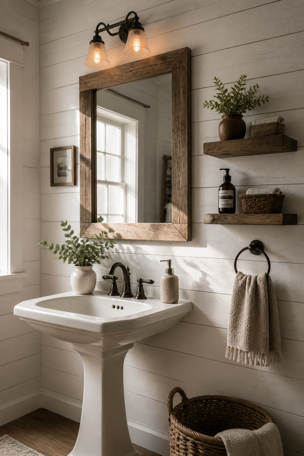 A classic shiplap accent wall in matte white behind a pedestal sink — the fastest single upgrade in a rustic bathroom makeover.
