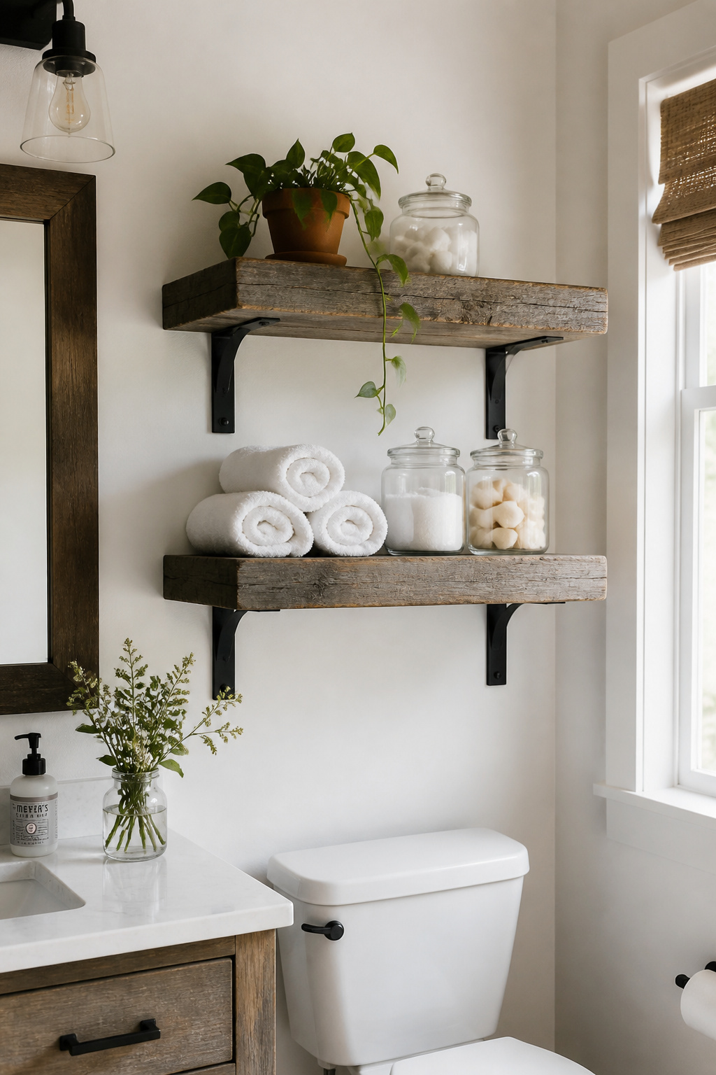 Reclaimed wood floating shelves with black iron brackets are the most versatile storage upgrade in a rustic bathroom makeover.