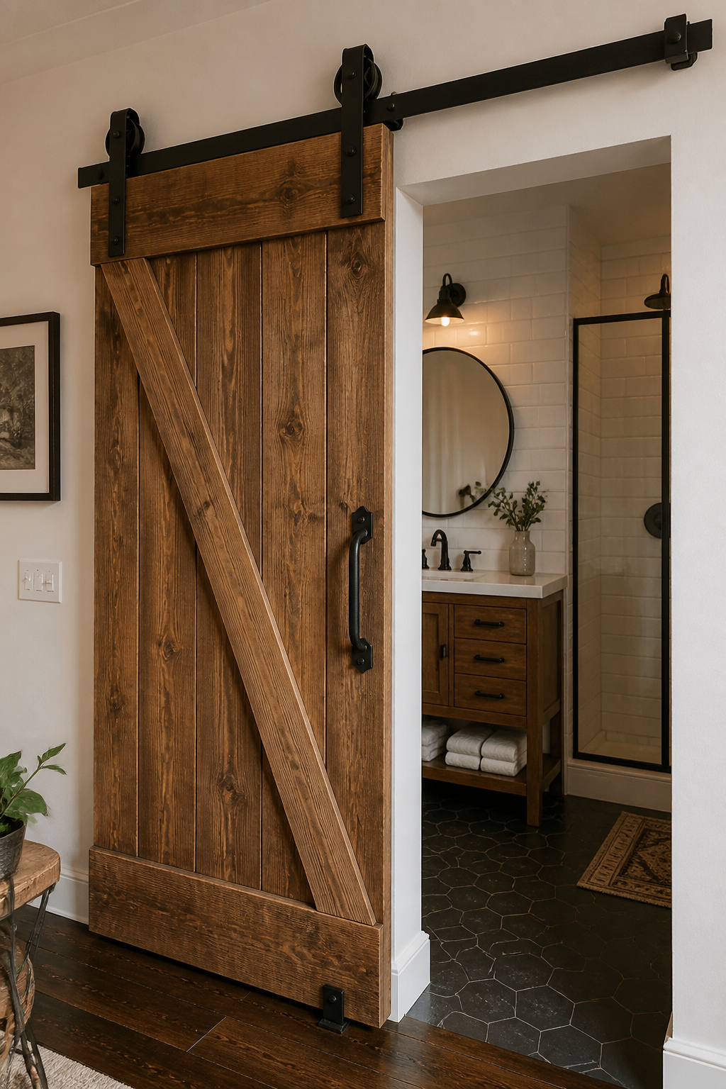 A DIY barn door conversion using existing door hardware and pine boards delivers the most dramatic per-dollar impact in a rustic bathroom makeover.
