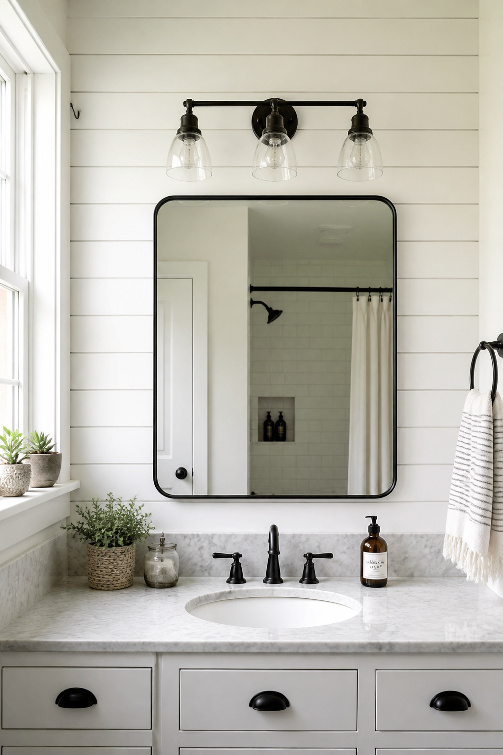 Peel-and-stick shiplap panels make a rustic bathroom makeover fully renter-friendly — removing cleanly with a blow-dryer when it's time to move.