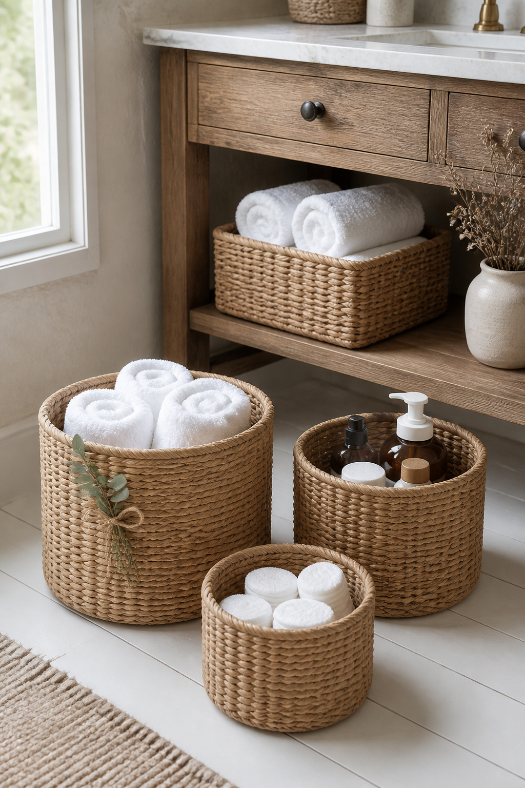 Swapping plastic bins for woven rattan baskets is the fastest single move in a rustic bathroom makeover — 10 minutes, instant transformation.