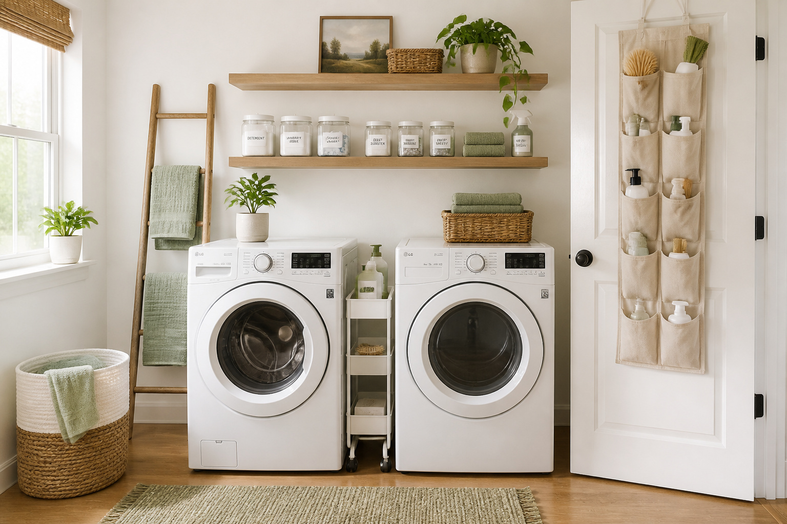 A well-organized laundry room with floating shelves, door storage, and a rolling cart proves that smart laundry room organizers can transform even the smallest space into one that actually works.