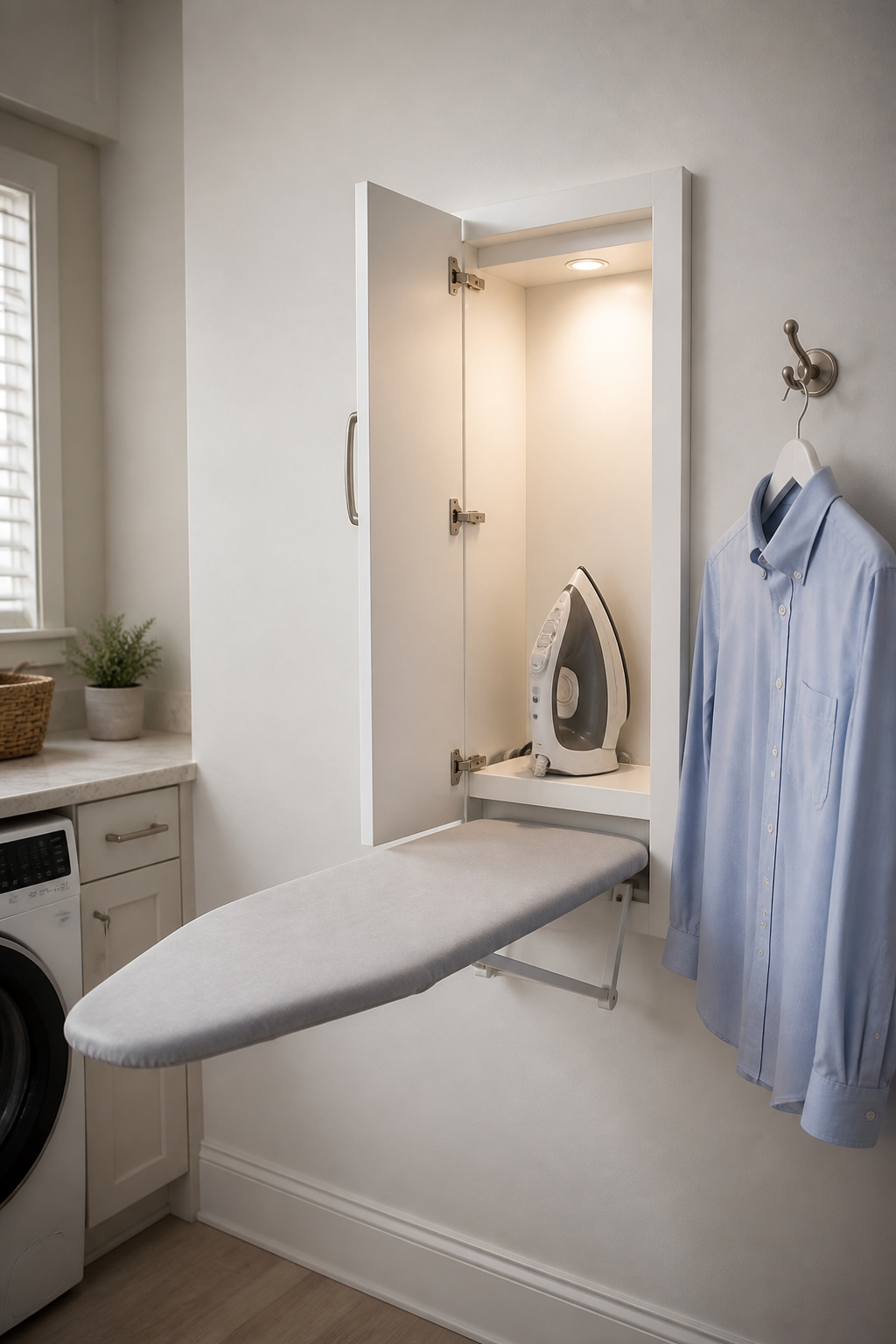 A fold-down ironing board cabinet hides the board and iron behind a closed cabinet door, freeing the laundry room floor completely when not in use.