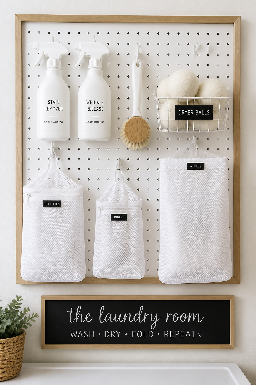 A painted pegboard turns one bare laundry room wall into a fully customizable storage panel for everything from spray bottles to mesh laundry bags.