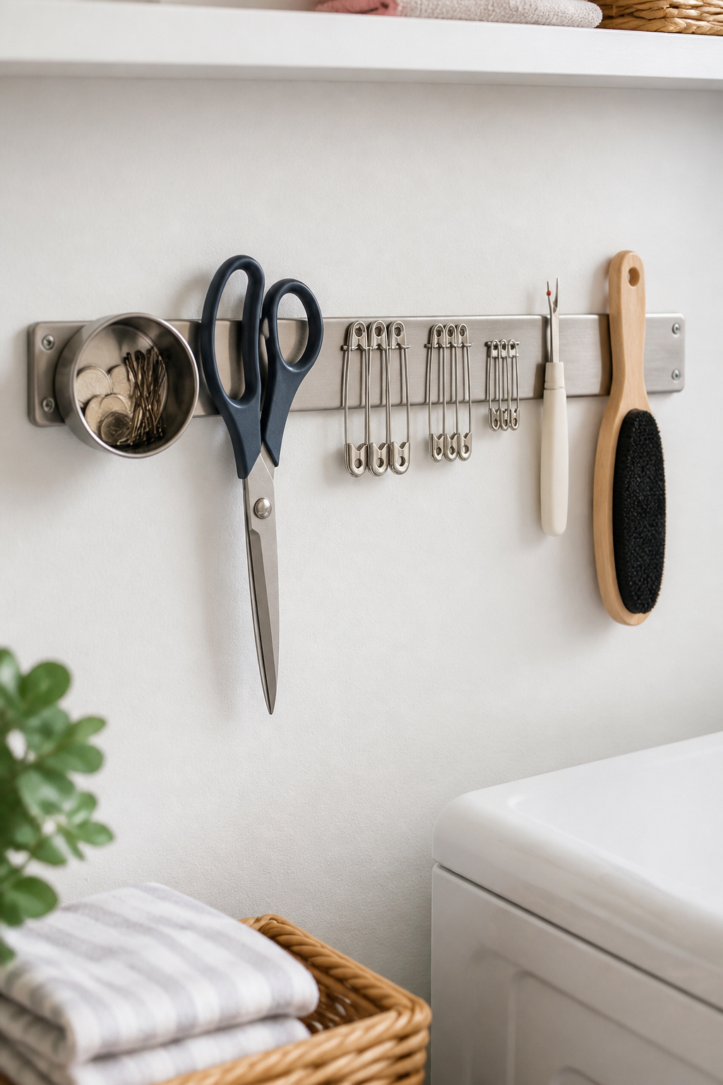 A magnetic wall strip gives every small laundry room tool a fixed visible home — scissors, safety pins, seam rippers, and spare-change catchers all stay exactly where you put them.