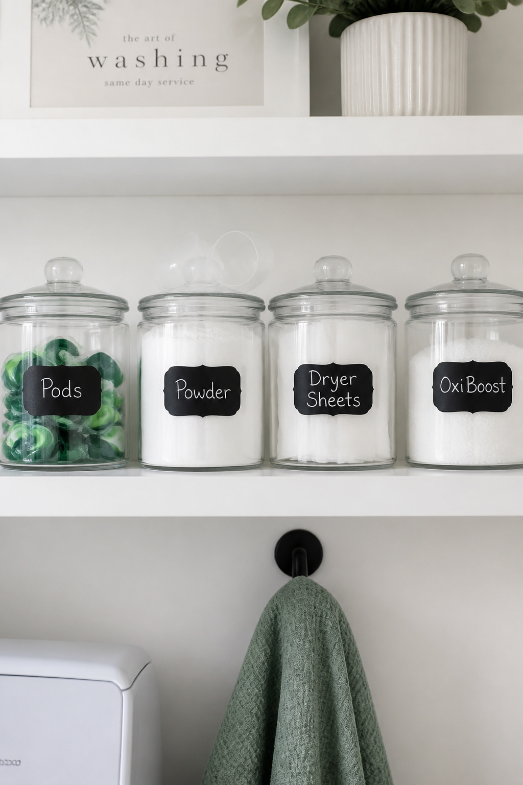 Matching labeled canisters replace mismatched packaging with a cohesive shelf that looks organized because it genuinely is.
