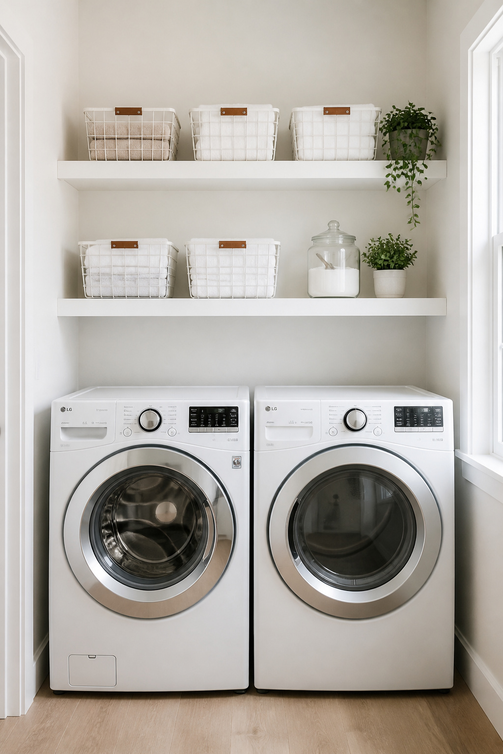 Floating shelves turn the empty wall above the washer and dryer into organized laundry room storage for all your everyday supplies.