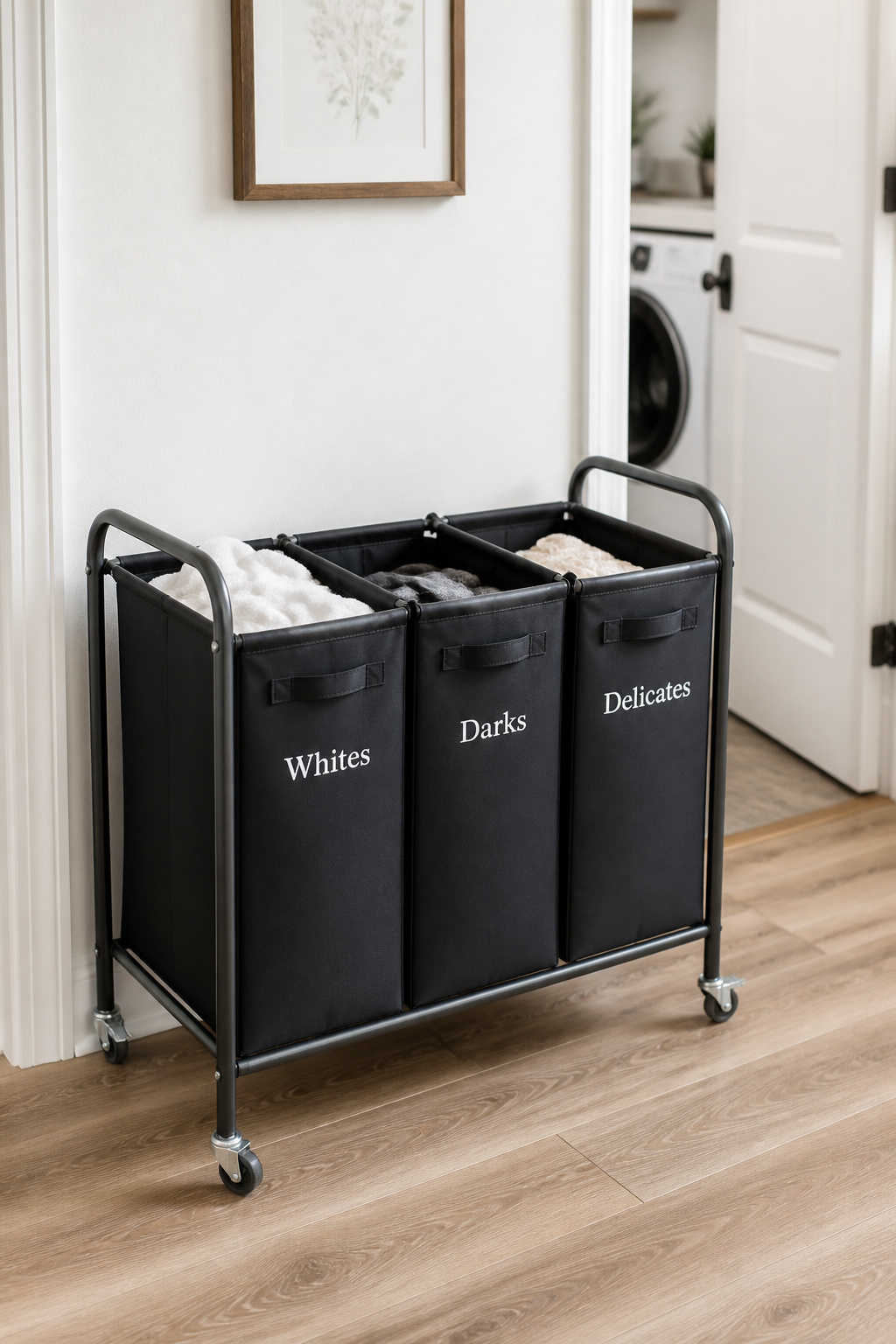 A wheeled three-section sorter parks where undressing happens and rolls directly to the washer on wash day — one trip instead of three.