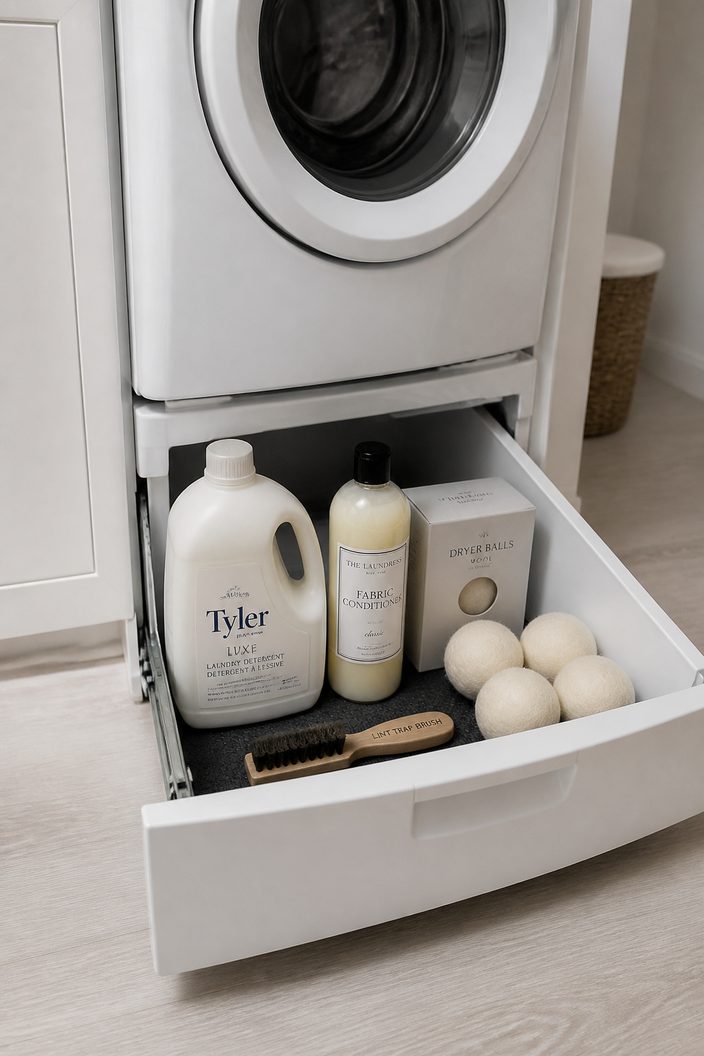 A pedestal drawer lives directly beneath the washer, putting all your supplies in arm's reach of the door — while also raising the machine to a back-friendly loading height.