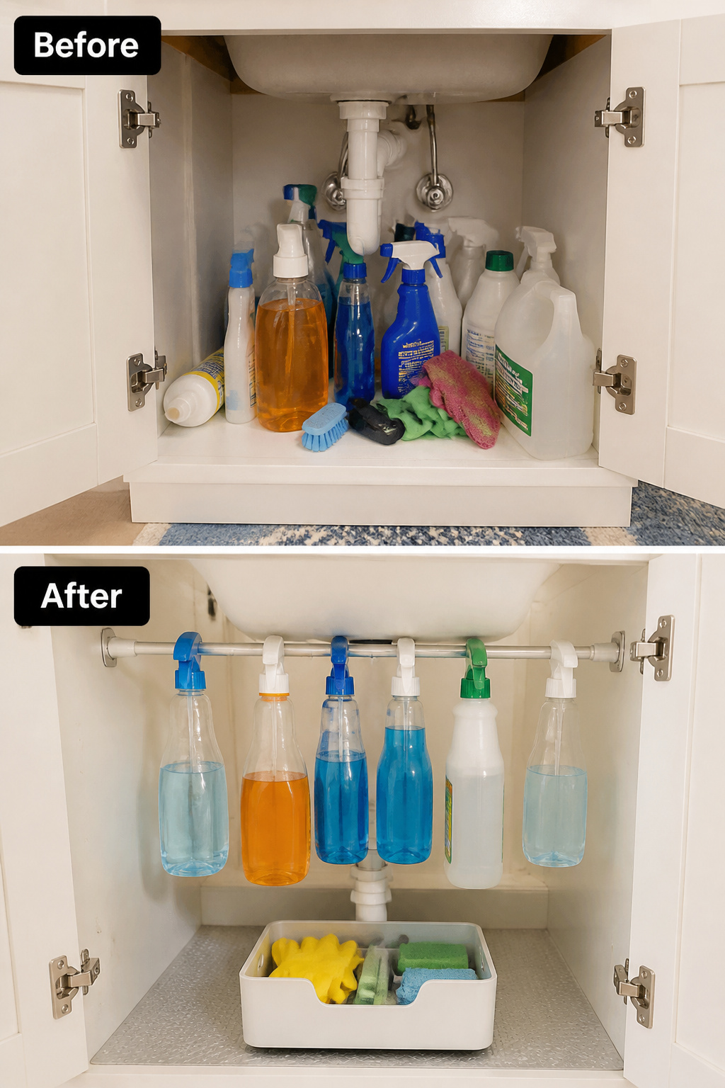 A tension rod under the sink turns a pile of spray bottles on the cabinet floor into a hanging vertical system — zero drilling, under $10, done in minutes.