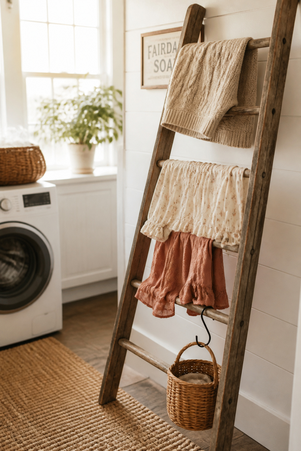 A sanded and sealed vintage ladder gives you six drying bars, a place to hang towels between laundry days, and more visual personality than any drying rack you can buy.