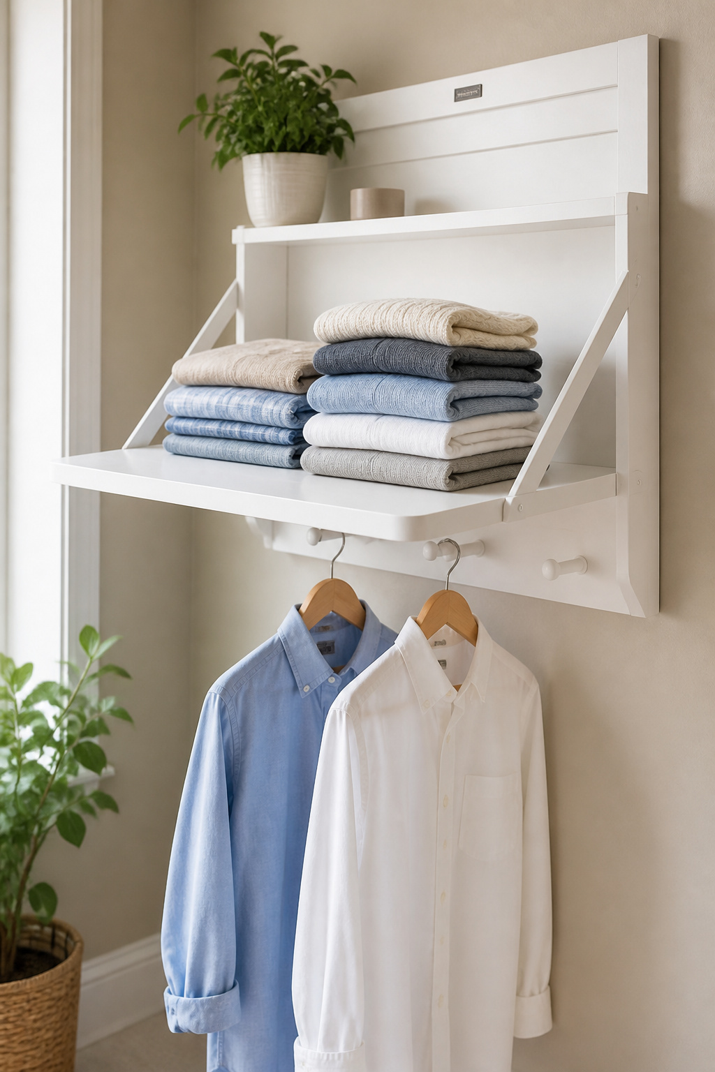 A fold-down wall shelf adds a full-size folding station that disappears to just 2-3 inches off the wall when not in use.