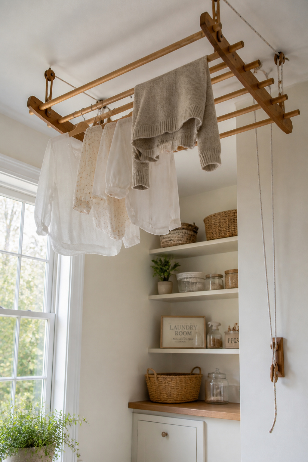 A ceiling pulley rack raises wet garments out of the way for air-drying, returning full floor space to the laundry room when in use.