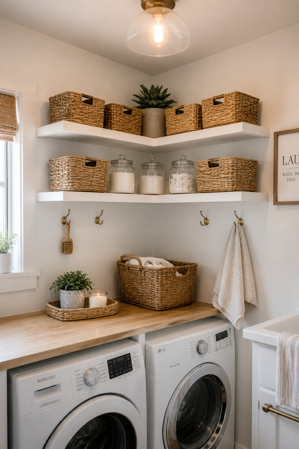An L-shaped corner shelf captures the most underused space in a laundry room — the junction of two walls — and turns it into organized, attractive storage.