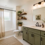 The complete result of 15 bathroom renovations on a budget — paint, hardware, lighting, plants, shelves, and textiles working together to transform a builder-grade bathroom into something that reads as intentionally designed.