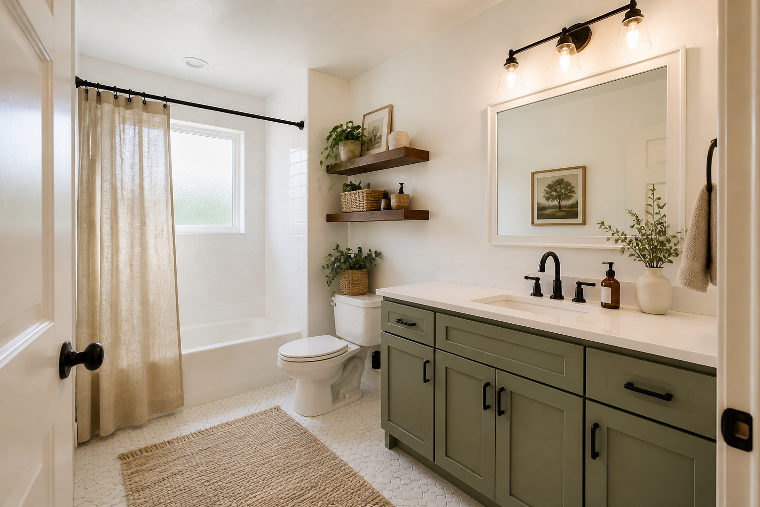 The complete result of 15 bathroom renovations on a budget — paint, hardware, lighting, plants, shelves, and textiles working together to transform a builder-grade bathroom into something that reads as intentionally designed.