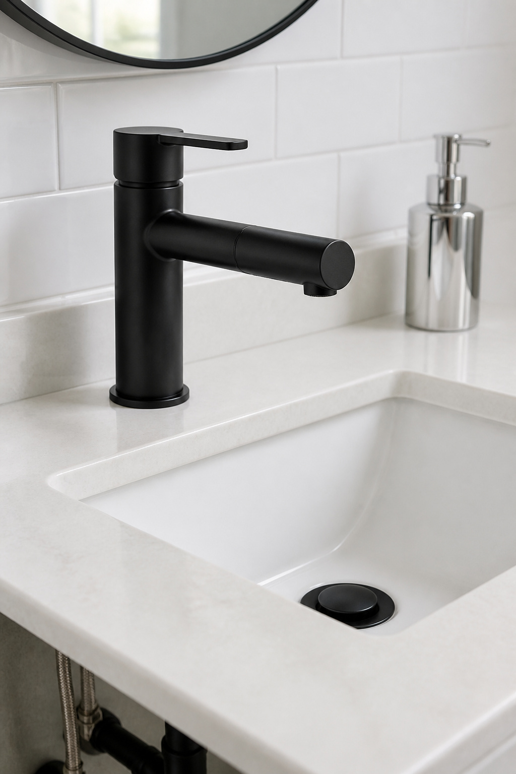 A matte black bathroom faucet from Pfister (~$59) replaces a dated gold builder fixture — one of the highest-impact budget bathroom renovation swaps available under $100.