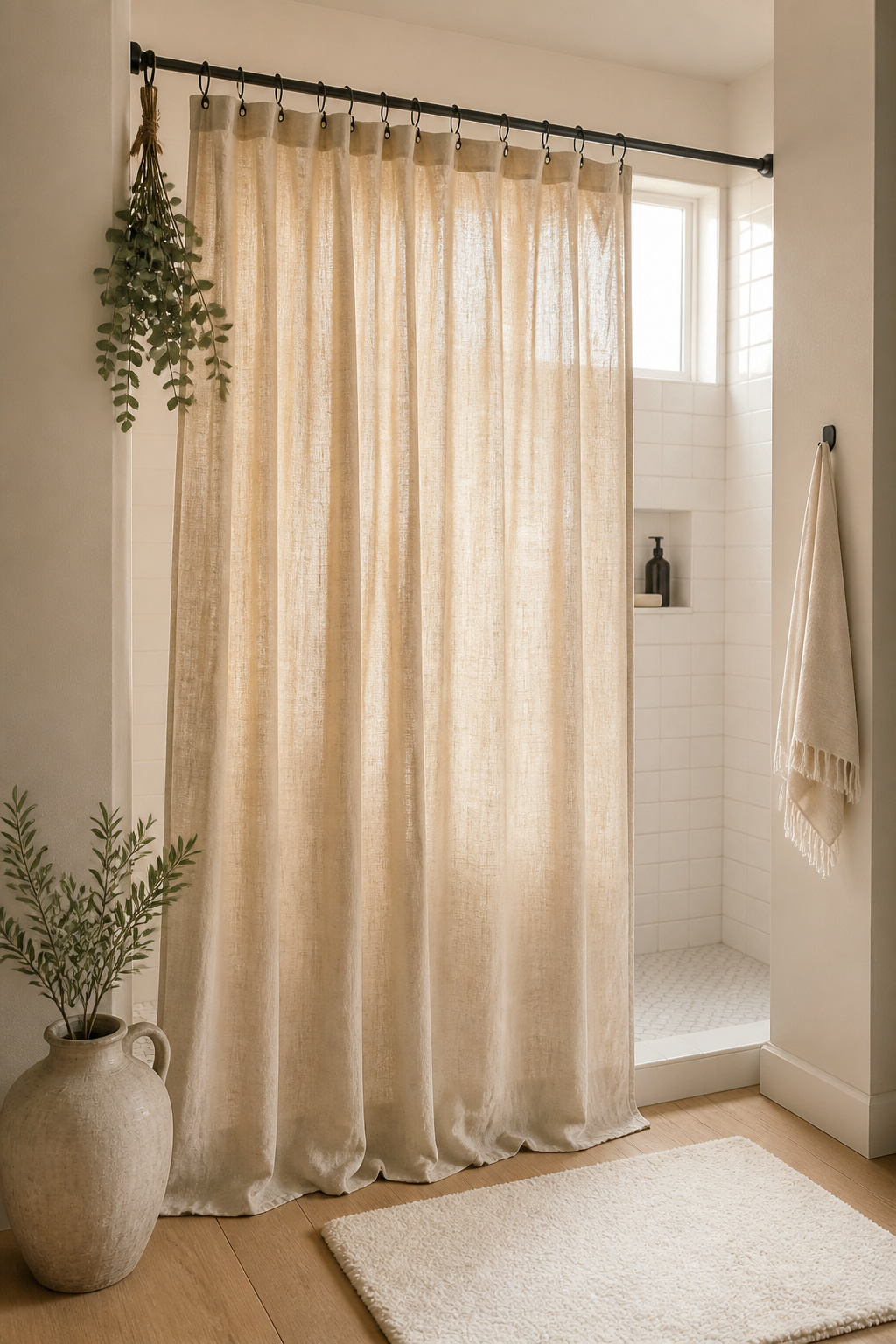 An extra-long natural linen curtain on matte black rings — a $60 total investment that transforms the shower zone and ties together the hardware finish across the room.