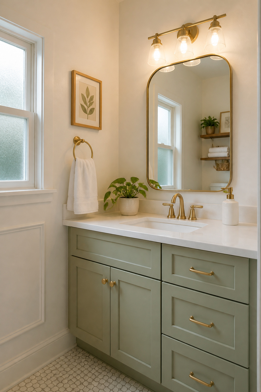 A fresh coat of paint in coordinating cabinet and wall colors is one of the most effective bathroom renovations on a budget — this sage and white palette took two afternoons and under $80 in materials.