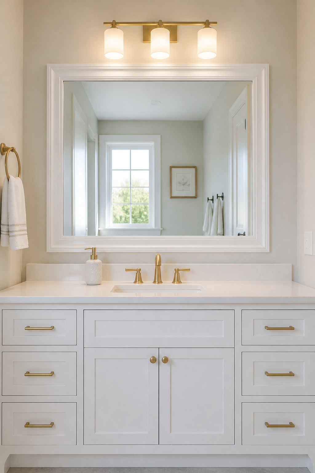 White MDF molding mitered and glued directly to the existing plate-glass mirror — under $25, one afternoon, and one of the more dramatic budget bathroom renovation transformations per dollar.