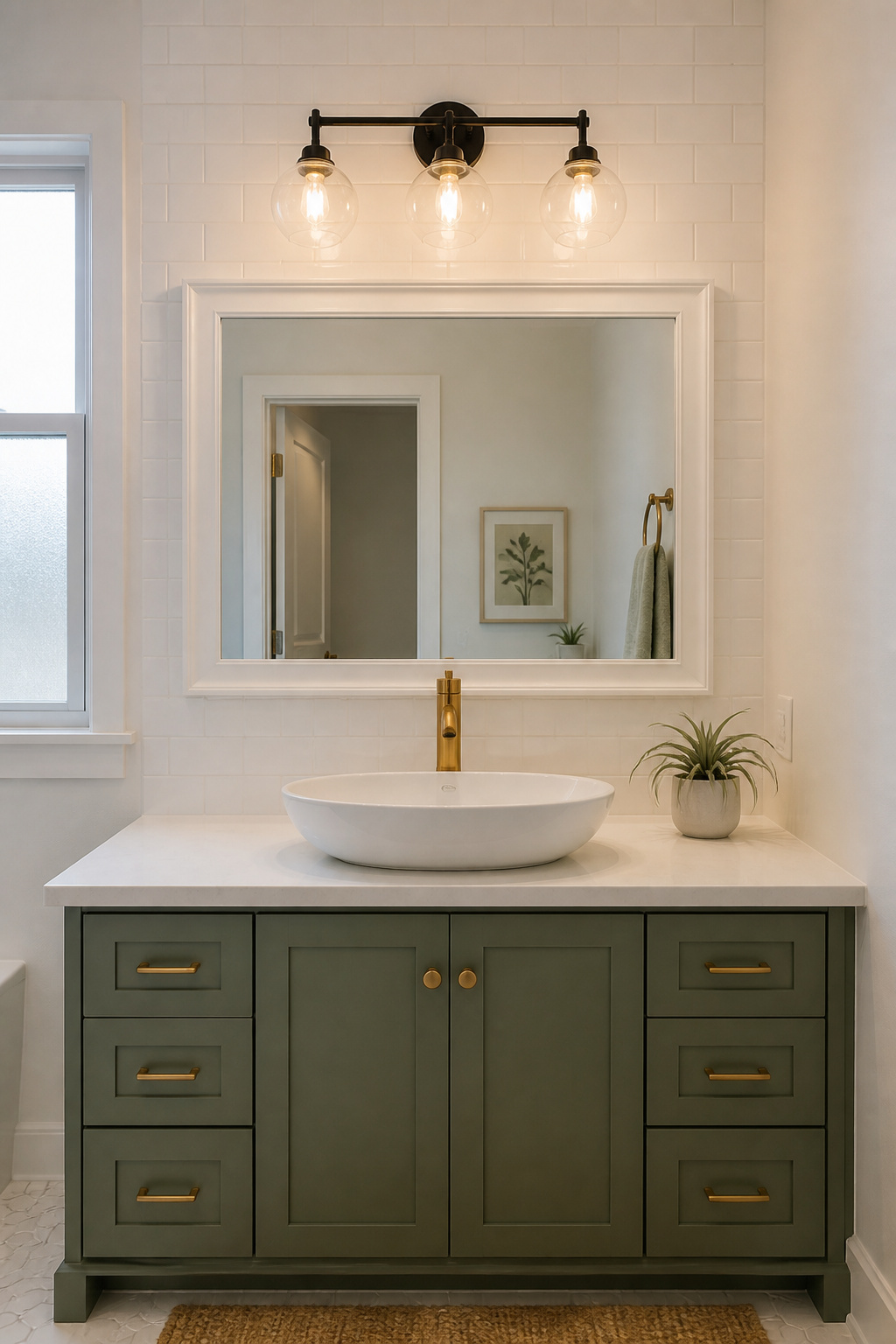 A new 3-light matte black vanity bar ($45 at Home Depot) replaces a dated 5-bulb chrome bar and immediately modernizes the room's entire mood.